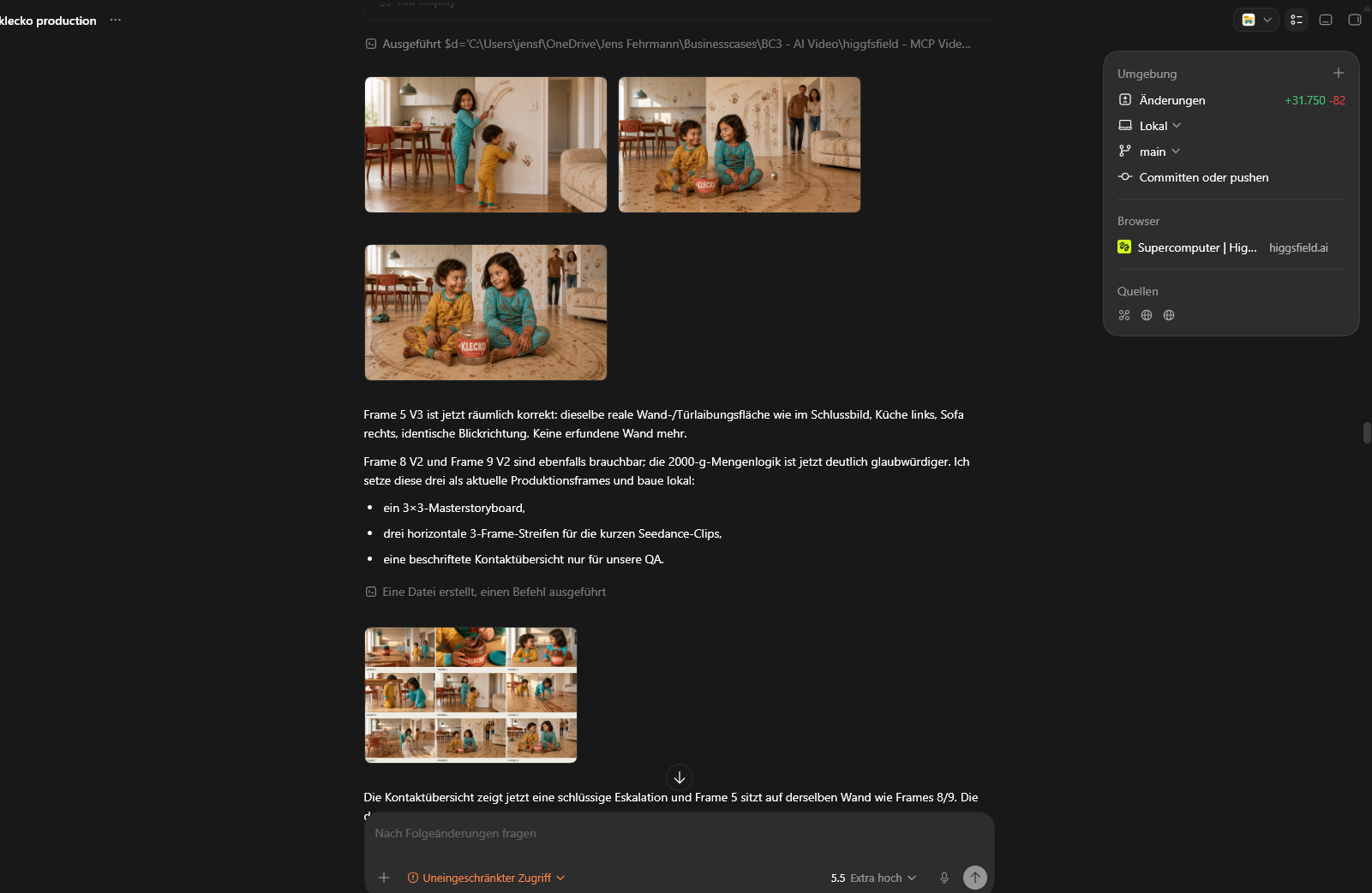 Claude Desktop mit den Storyboard-Keyframes der KLECKO-Produktion